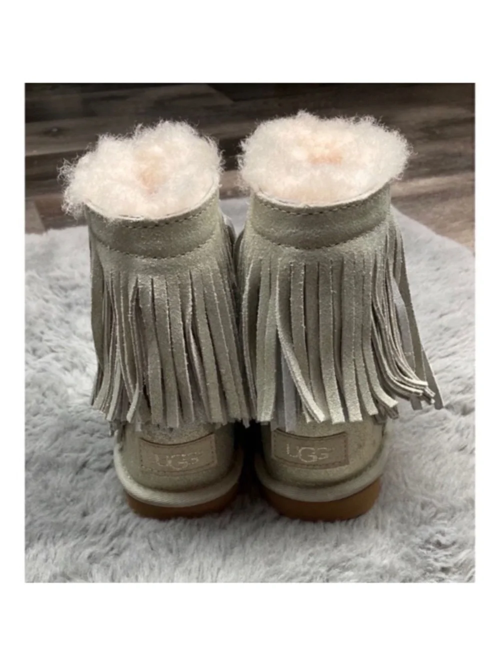 Ugg classic short II genuine shearling metallic fringe booties